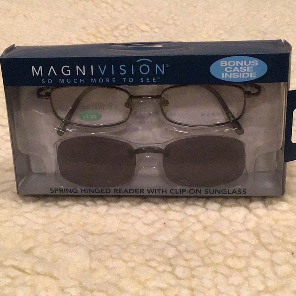 Magnivision reading glasses w/clip-on sunglass.
